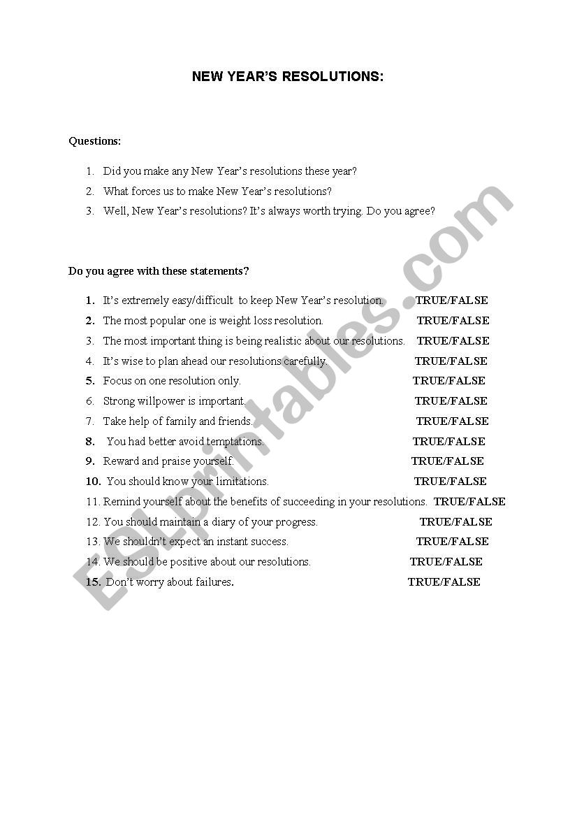 New Years Resolutions worksheet