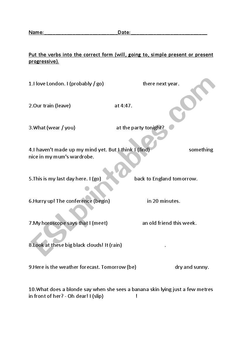 Future tenses test worksheet