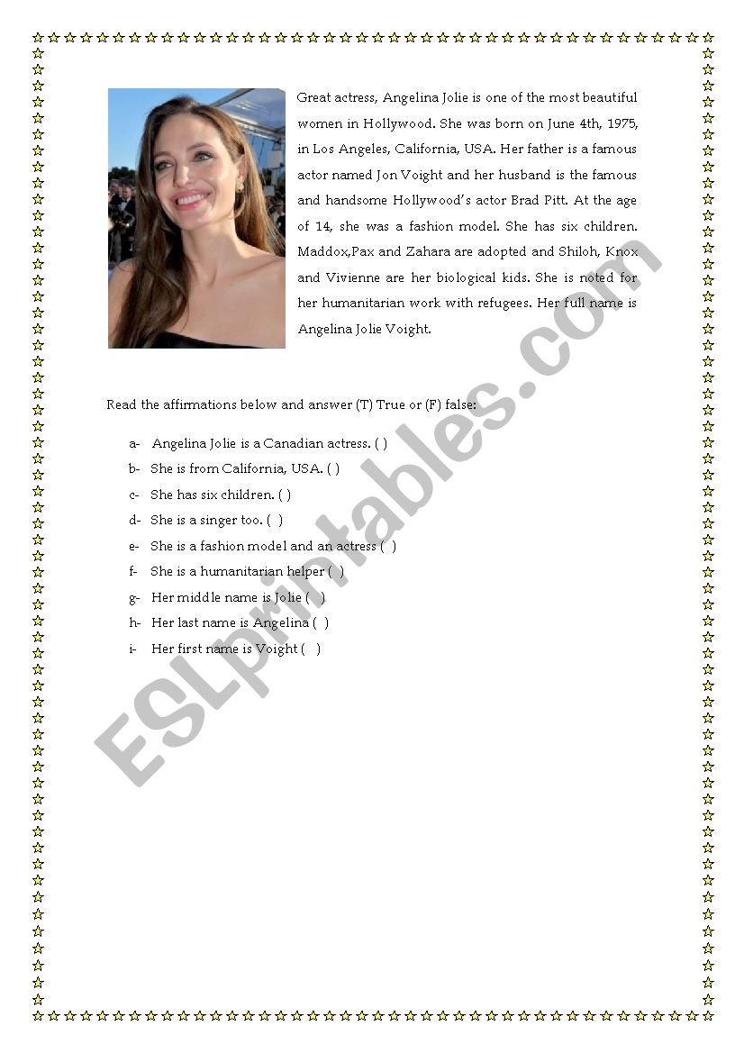 Angelina Jolie for basics worksheet