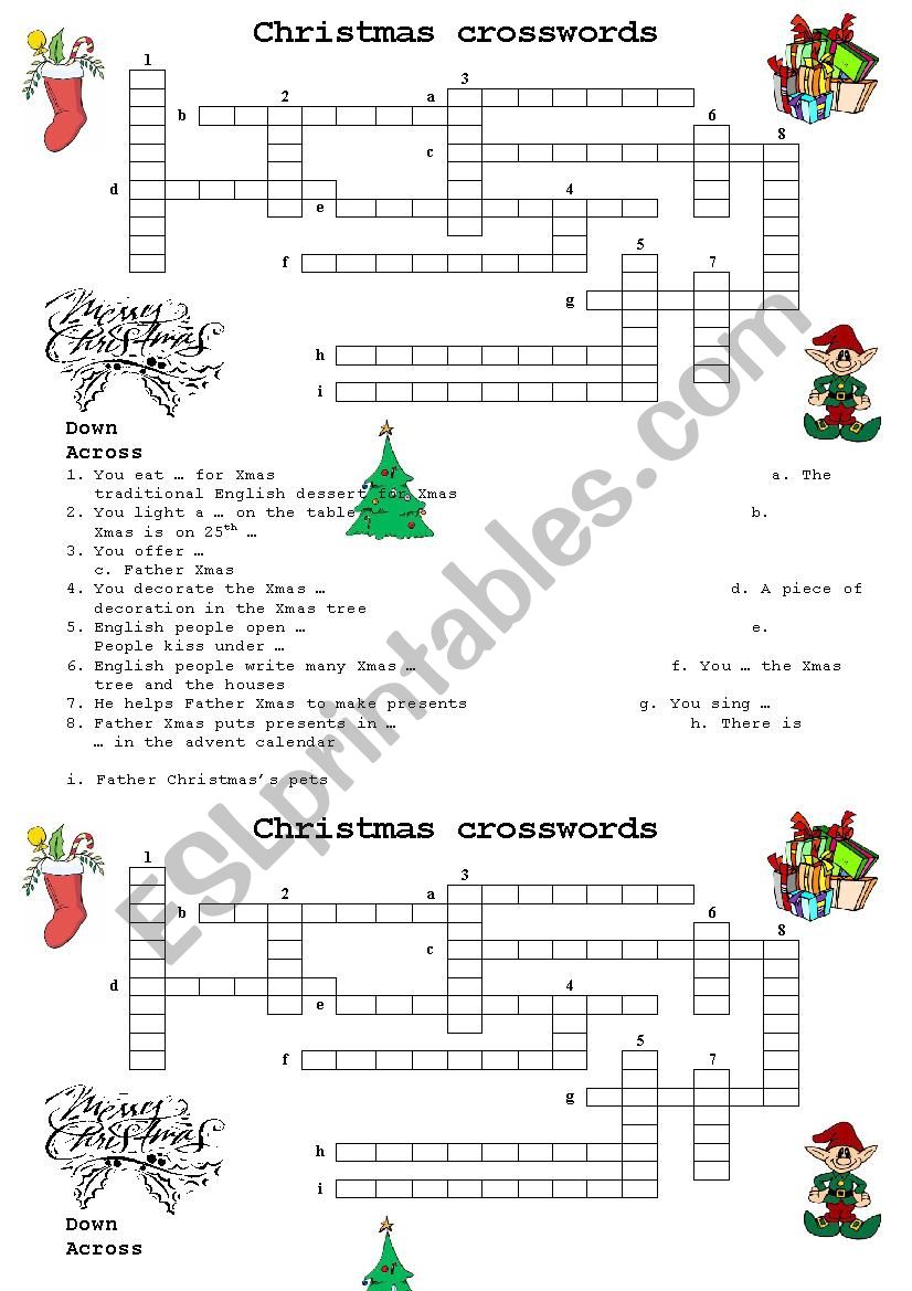 Christmas crosswords worksheet