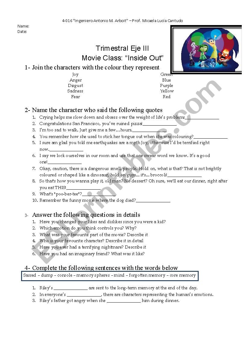 Inside Out - ESL worksheet by mikacantudo In The Core Movie Worksheet Answers