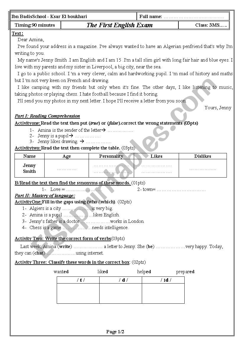 3Ms first exam worksheet