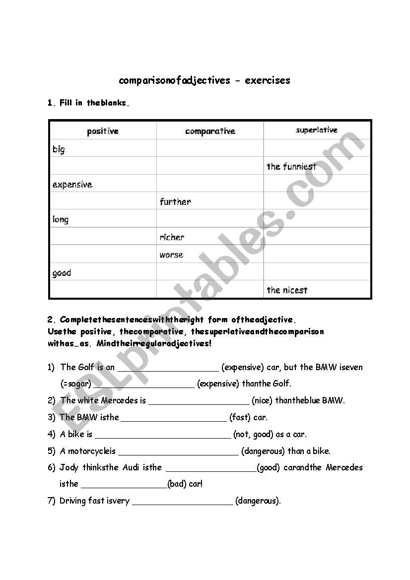 Comparison of adjectives worksheet