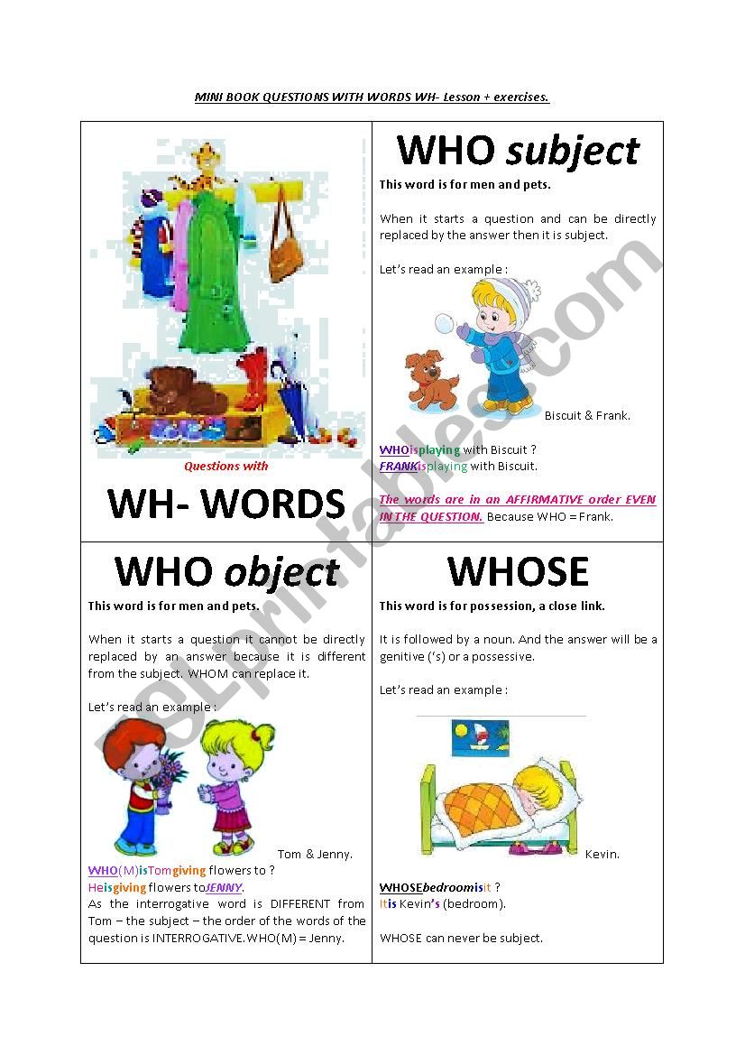 Mini book of QUESTIONS WITH WORDS WH-. Grammar lesson + exercises and key.