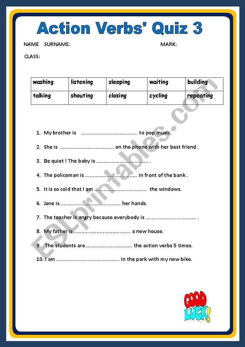 Action Verbs Quiz 3 worksheet