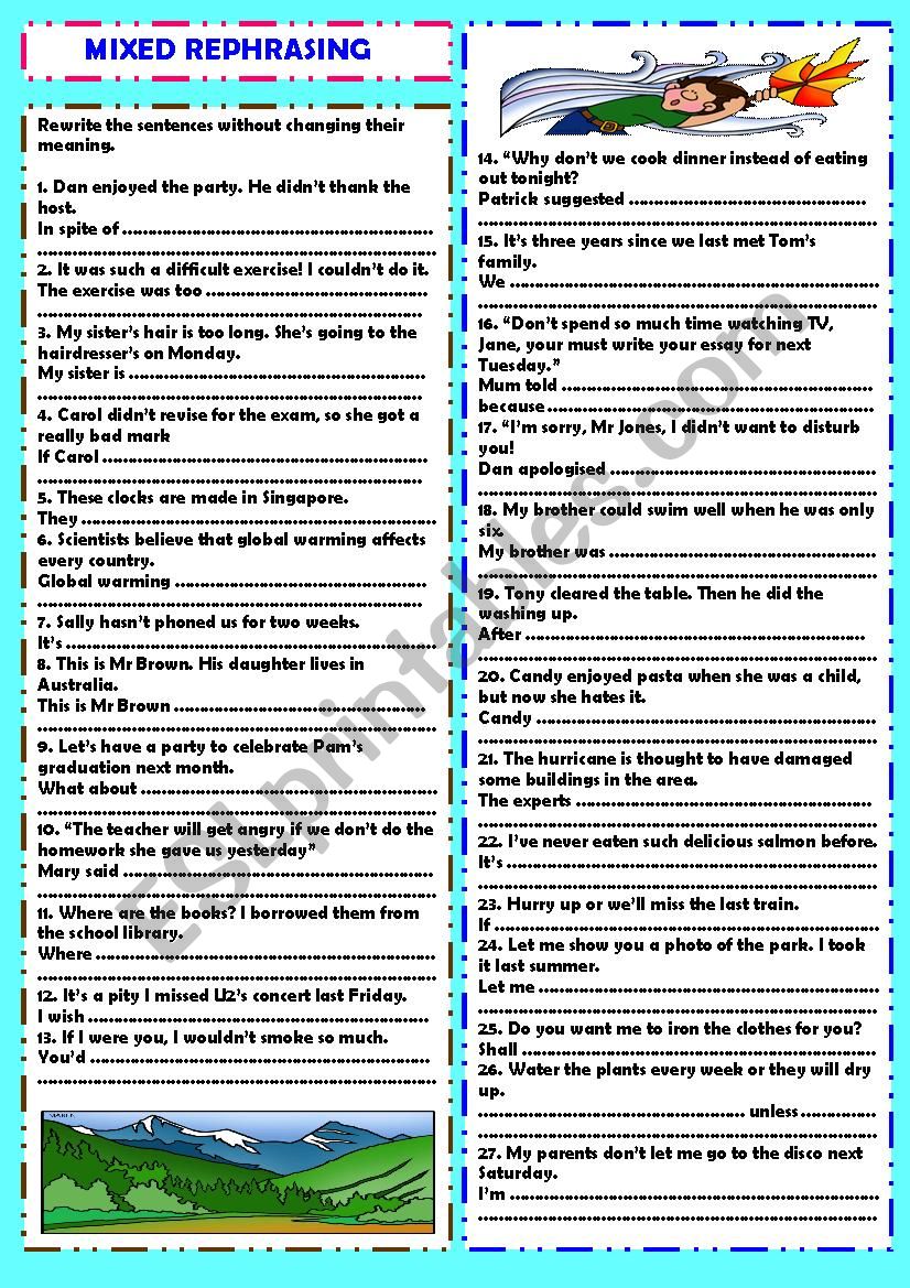 Mixed rephrasing + key worksheet