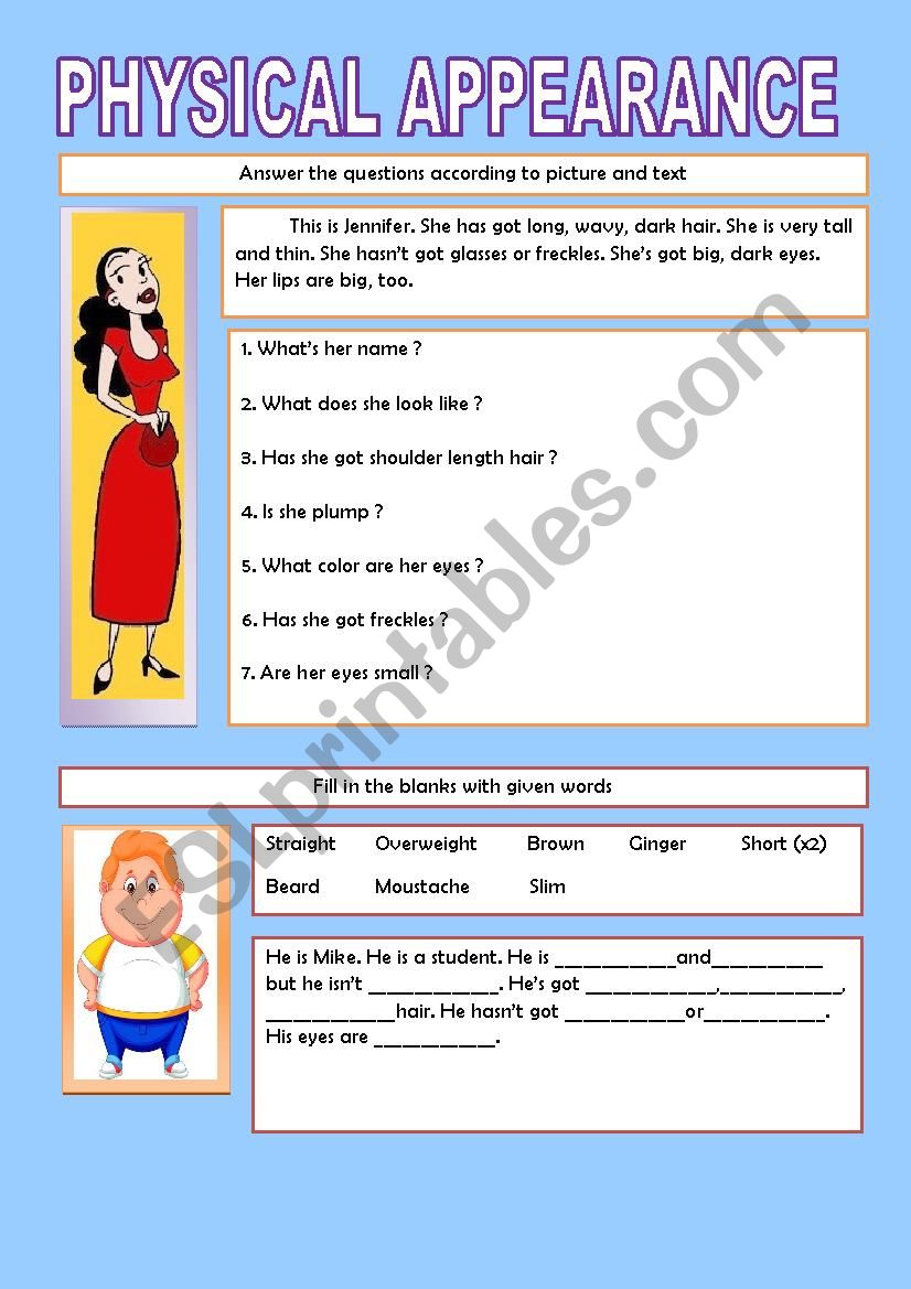 Physical Appearance worksheet