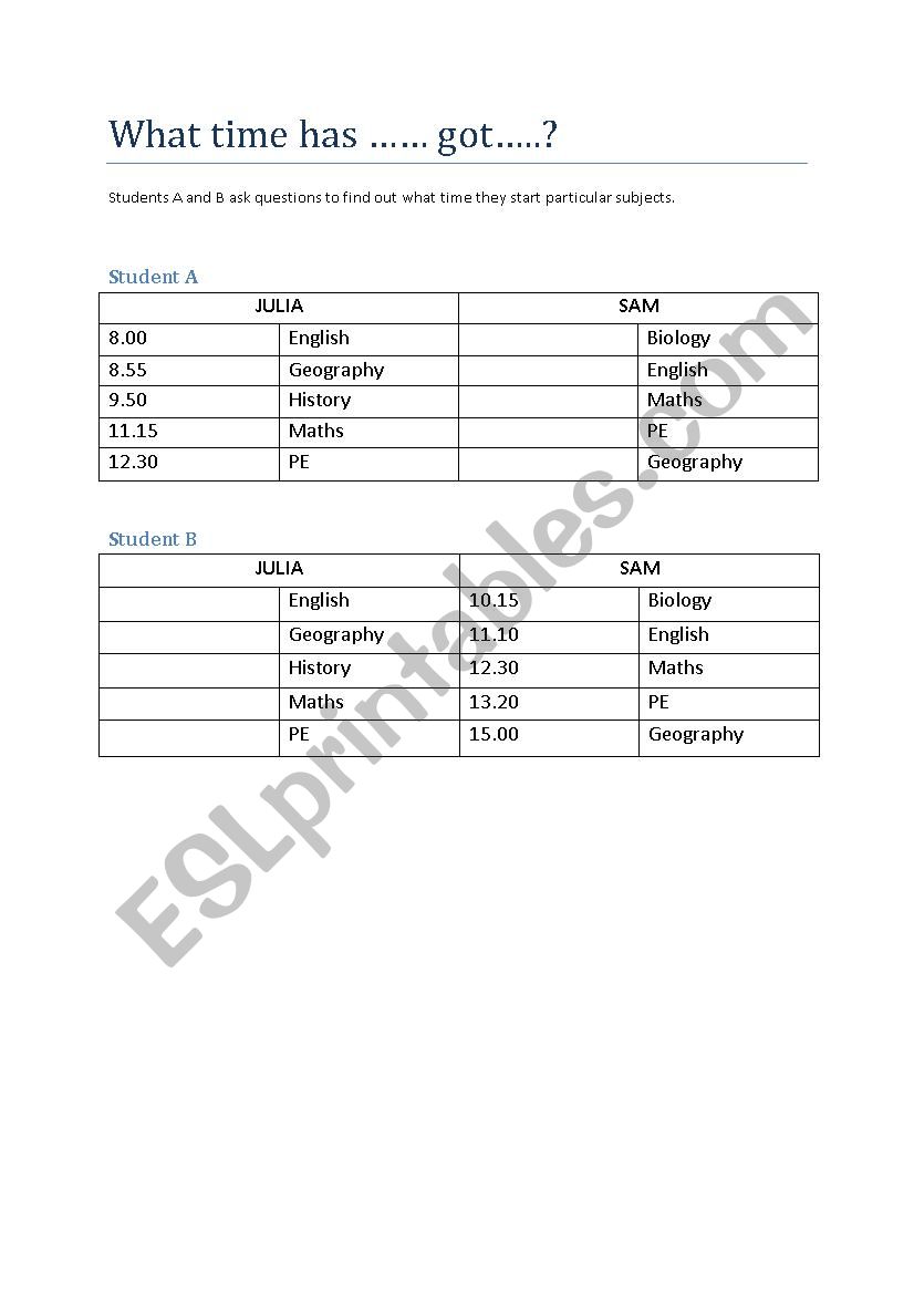 School subjects and time worksheet
