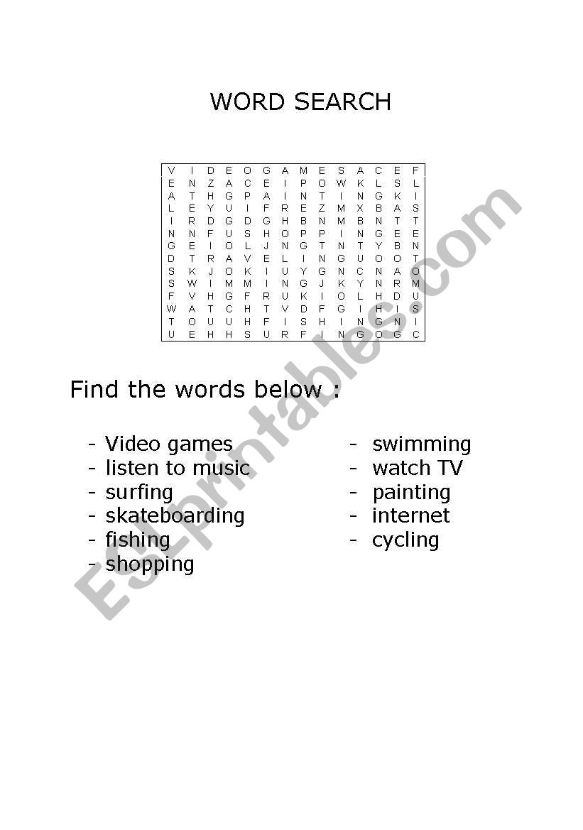 hobbies word search worksheet