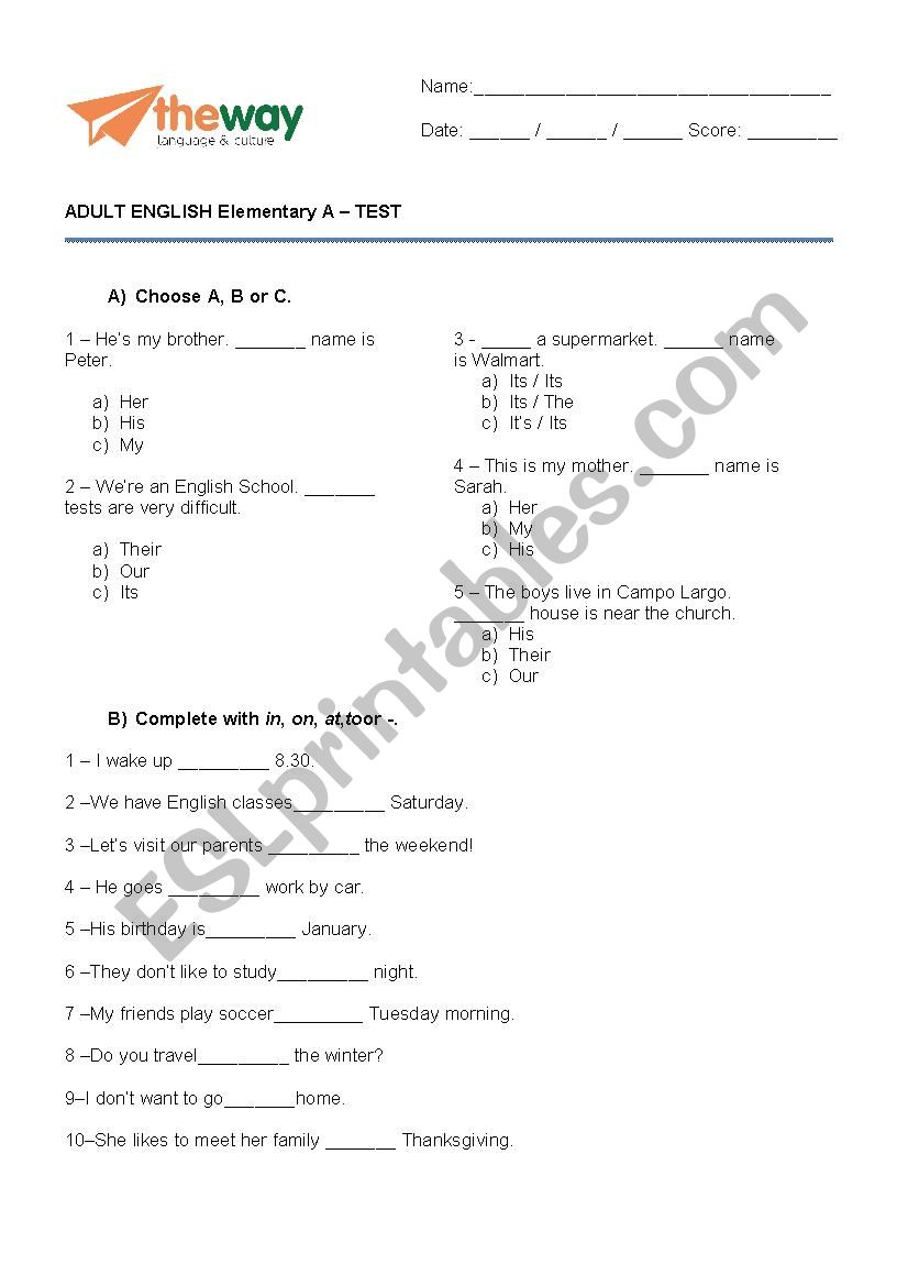 Test for Elementary A - New English File