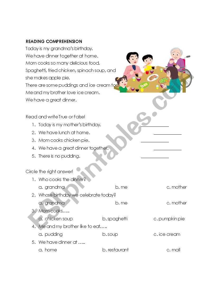 READING-DINNER worksheet