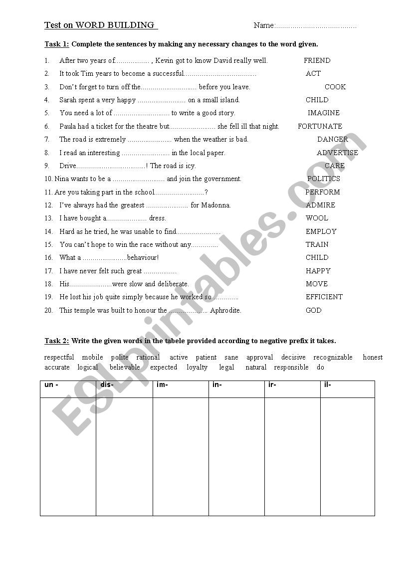 Test on word building worksheet