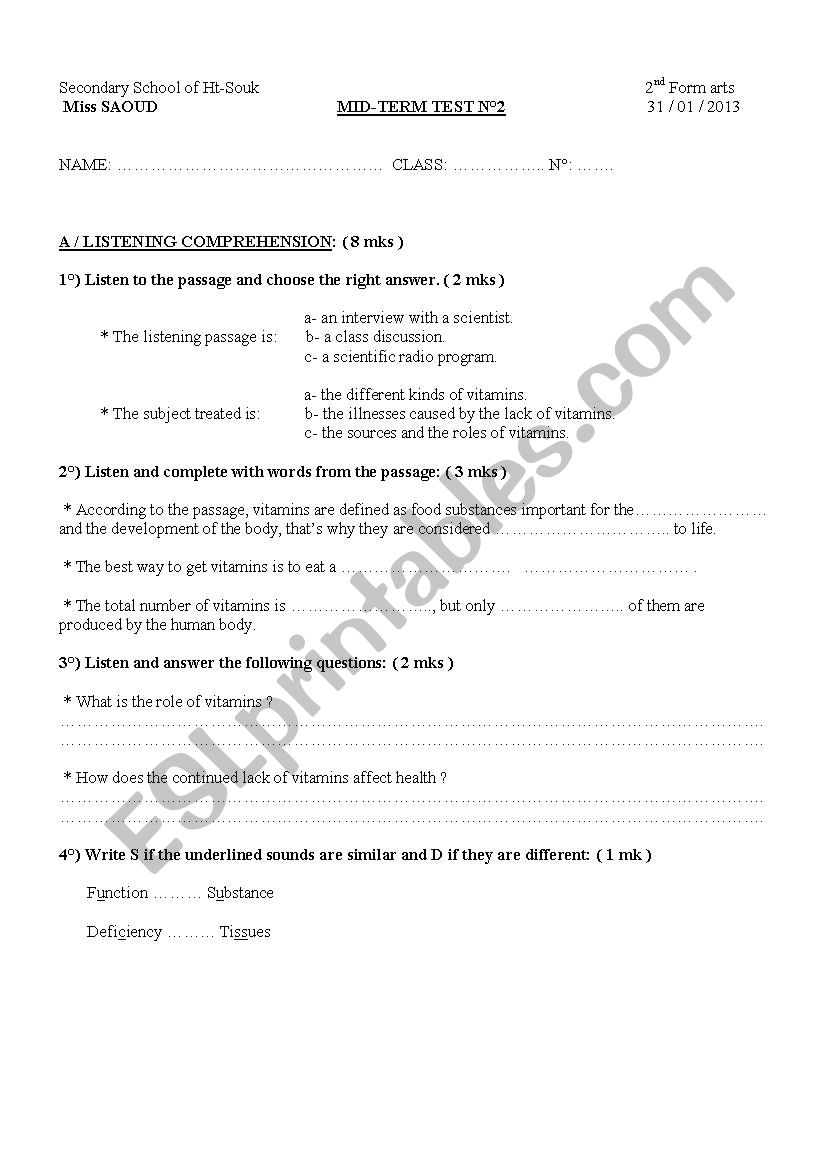 mid term test 2nd form worksheet