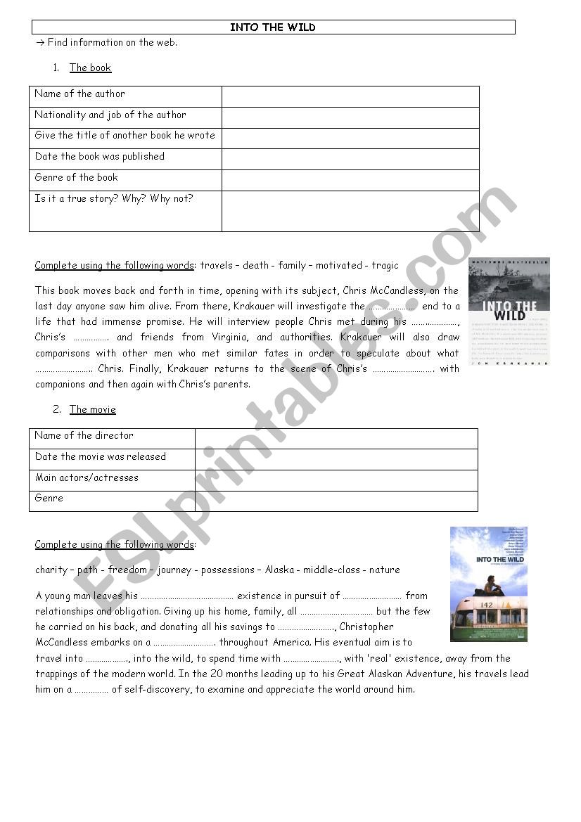 Into the Wild worksheet