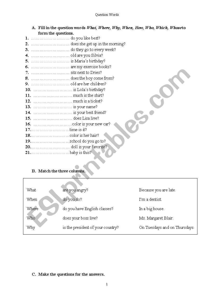 elementary wh- questions worksheet