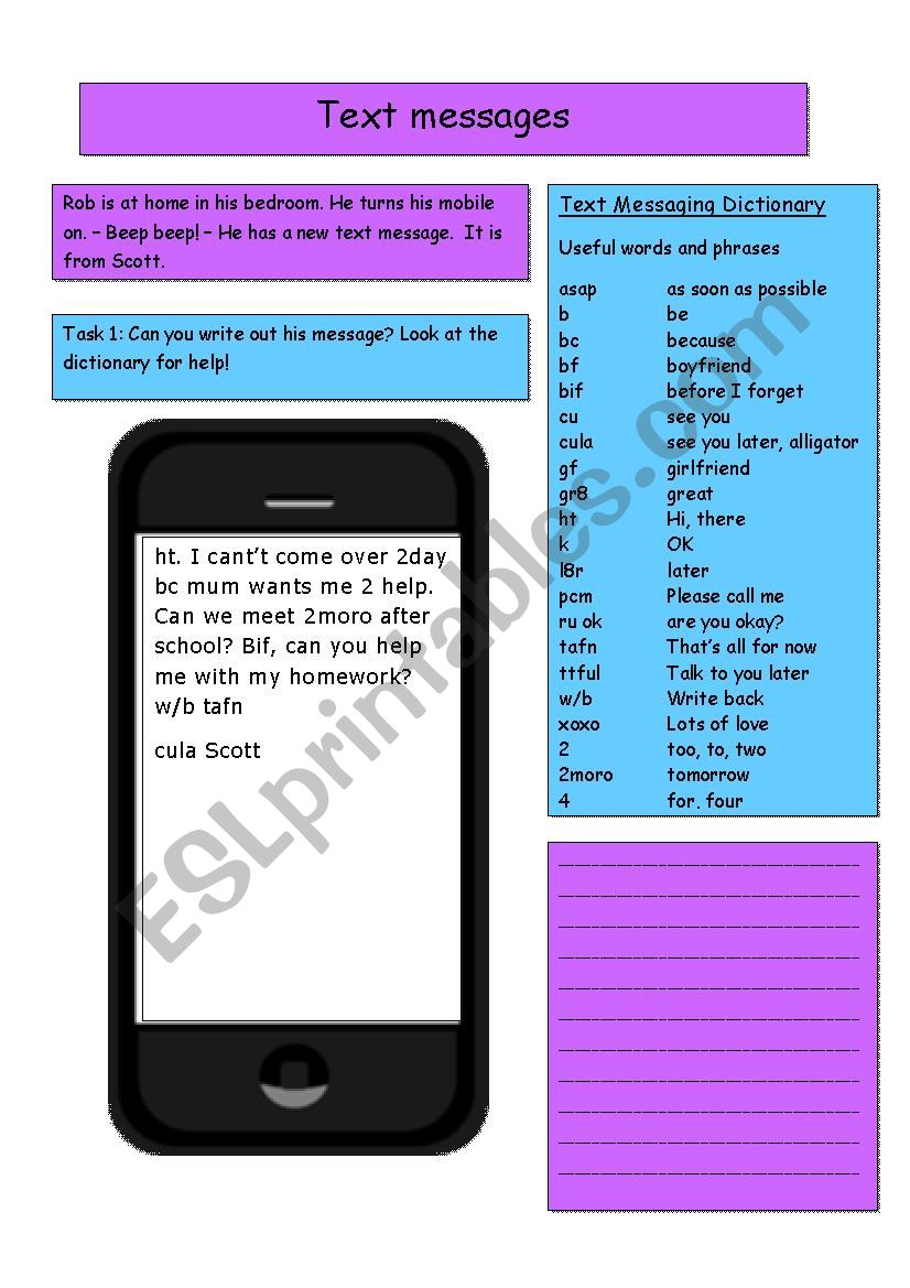 Text messages worksheet