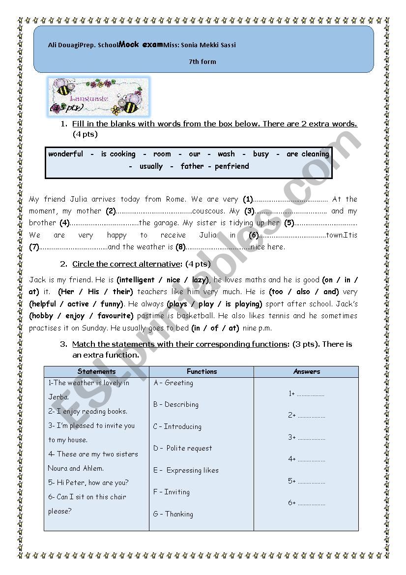 mock exam for 7th form  worksheet