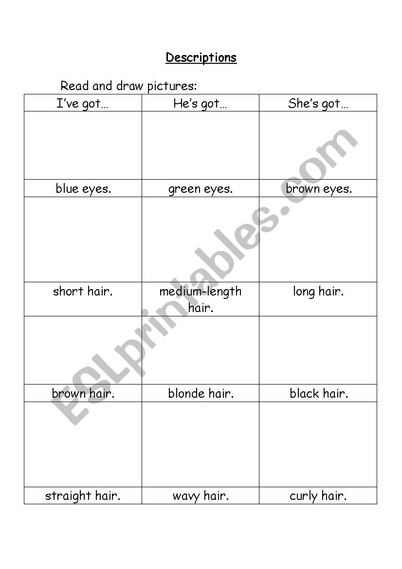 Descriptions worksheet