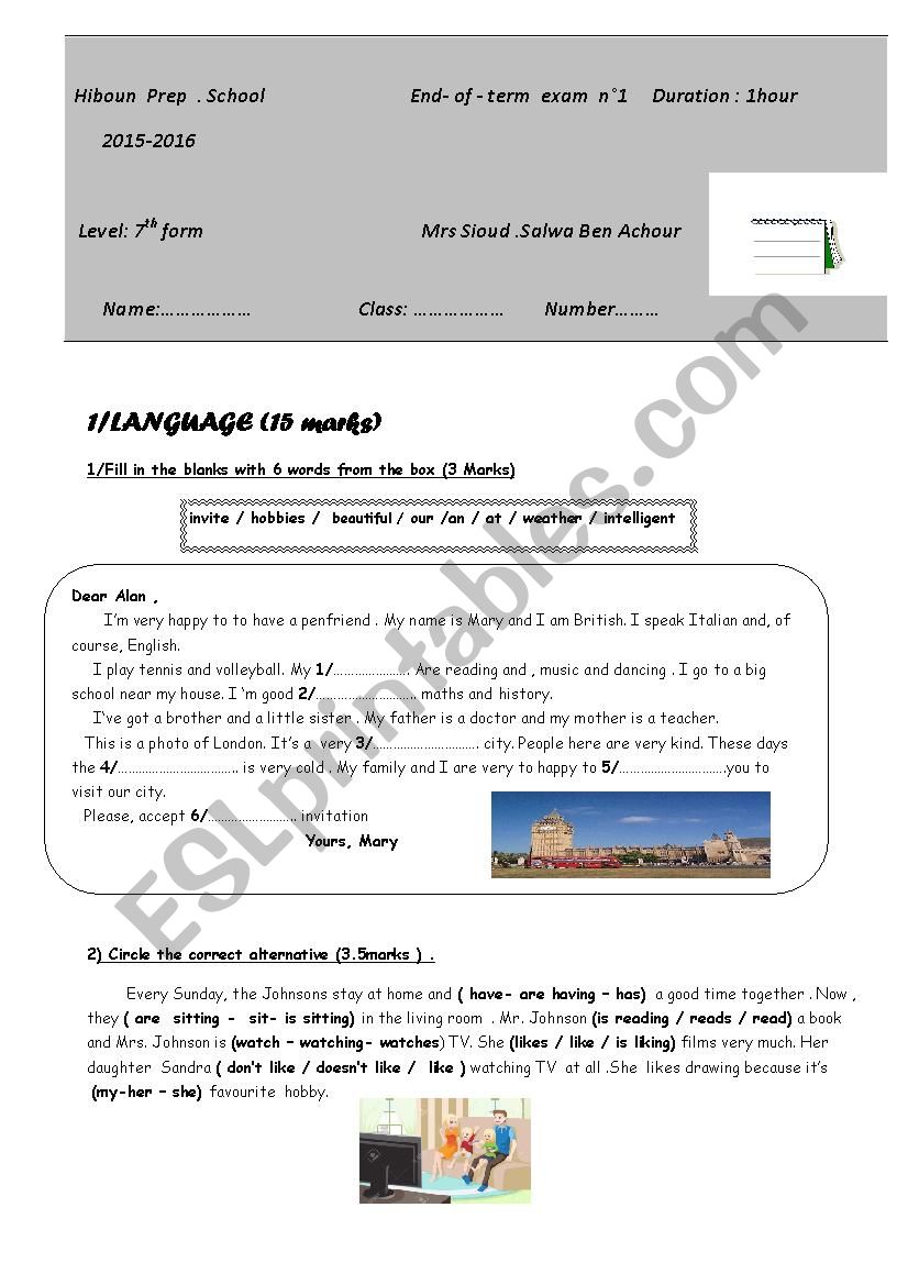 END OF TERM TEST 1  7TH FORM worksheet