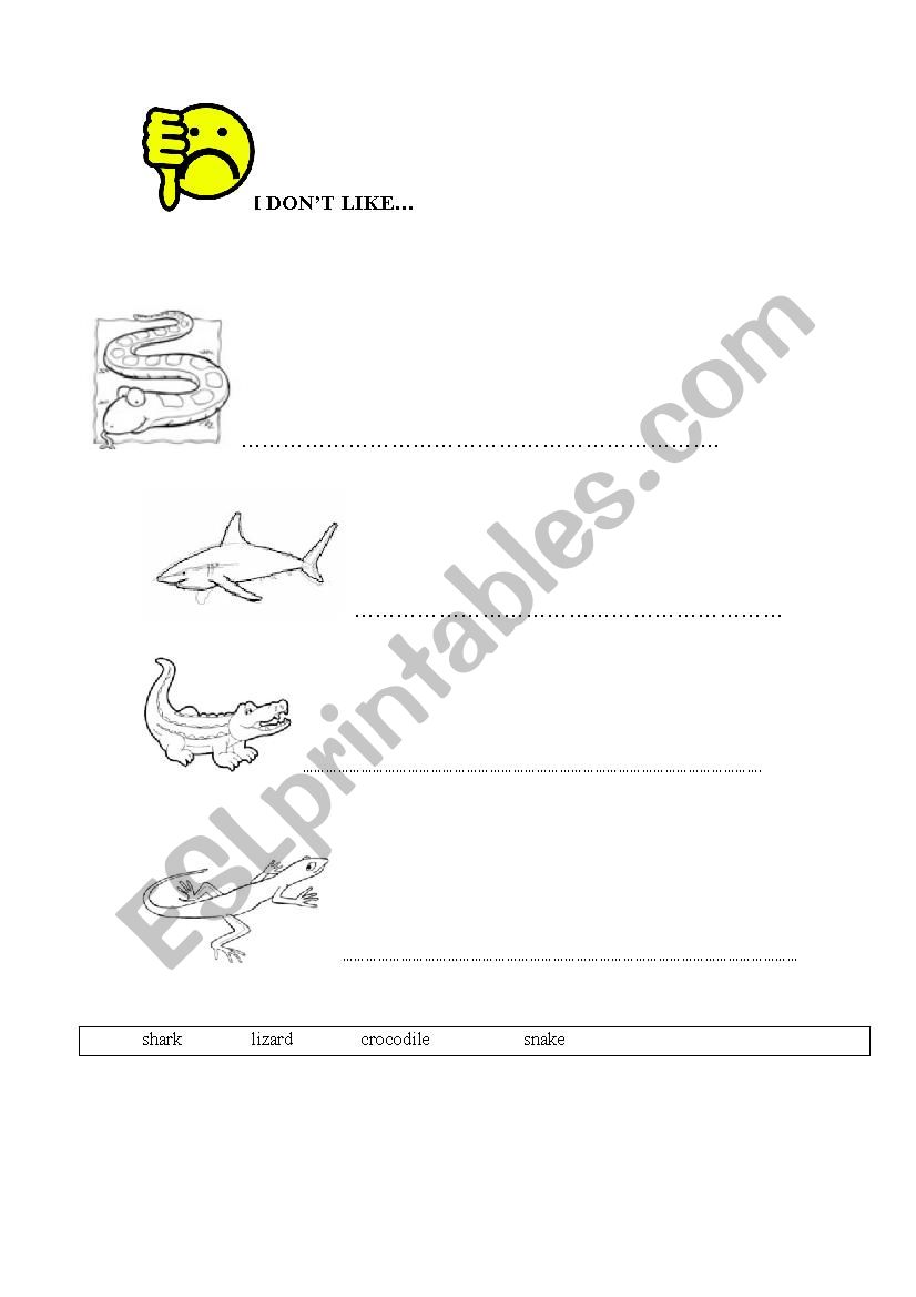 I donÂ´t like + animals worksheet