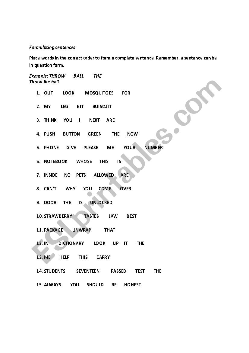 Formulating sentences worksheet