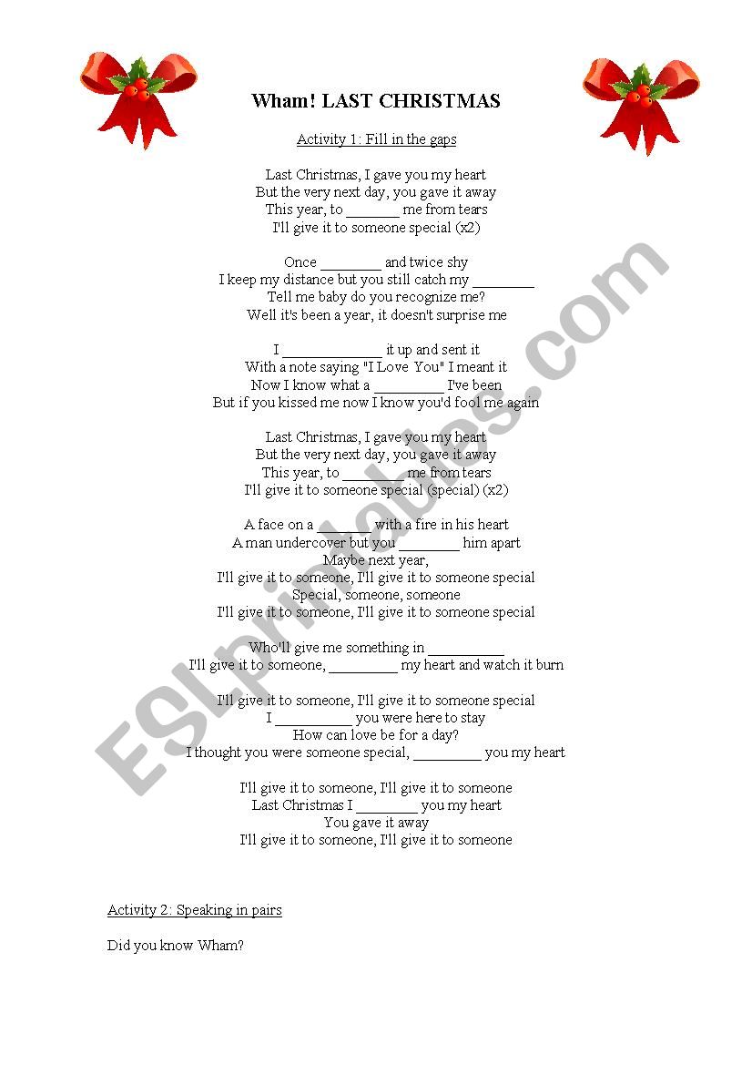 Last Christmas - Wham! worksheet