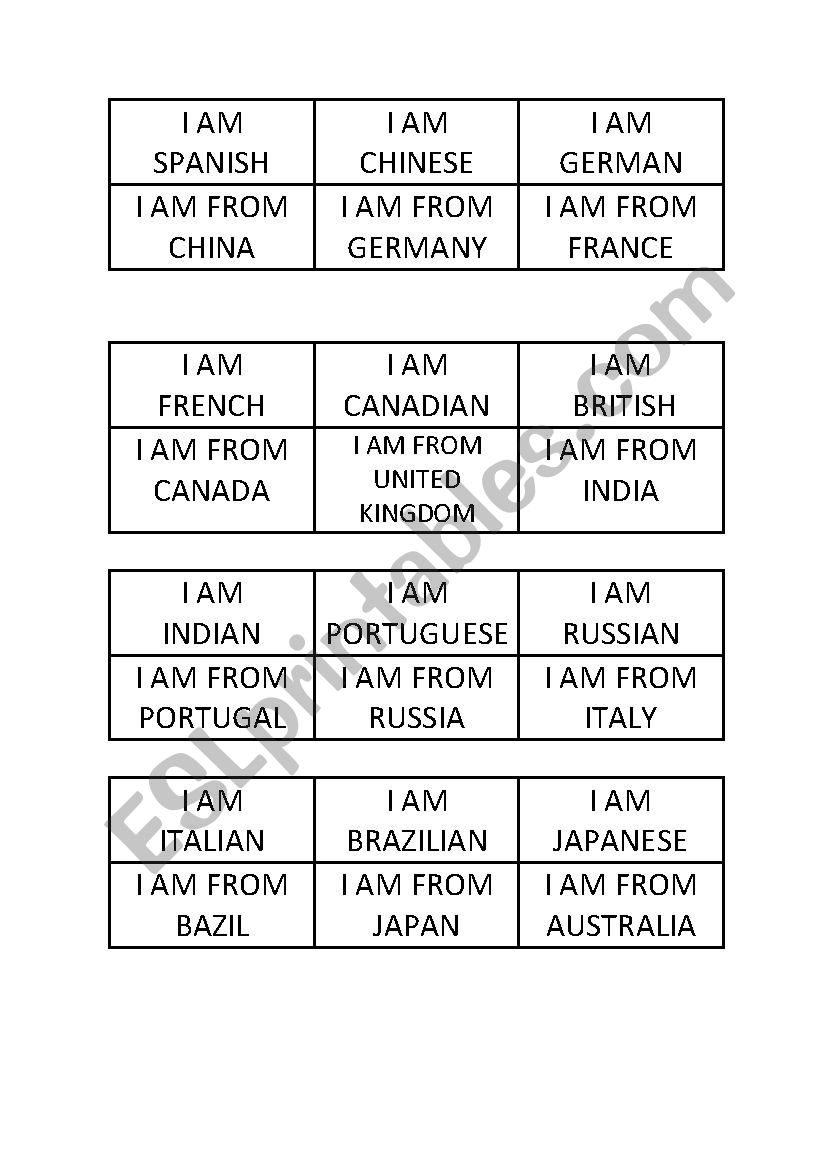 LOOP GAME NATIONALITIES worksheet