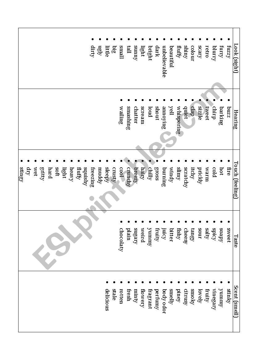 Sensory Words - ESL worksheet by anggray121