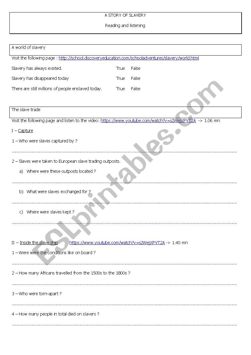 Webquest slavery worksheet