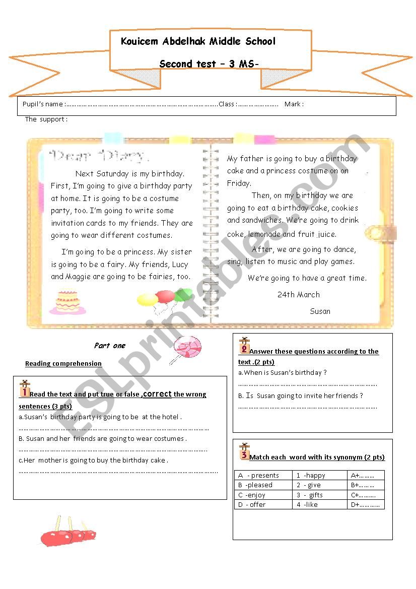 test for elementary worksheet