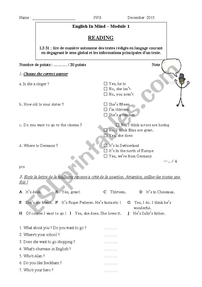 reading exercise worksheet