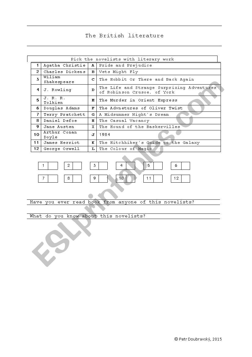 The British Literature worksheet