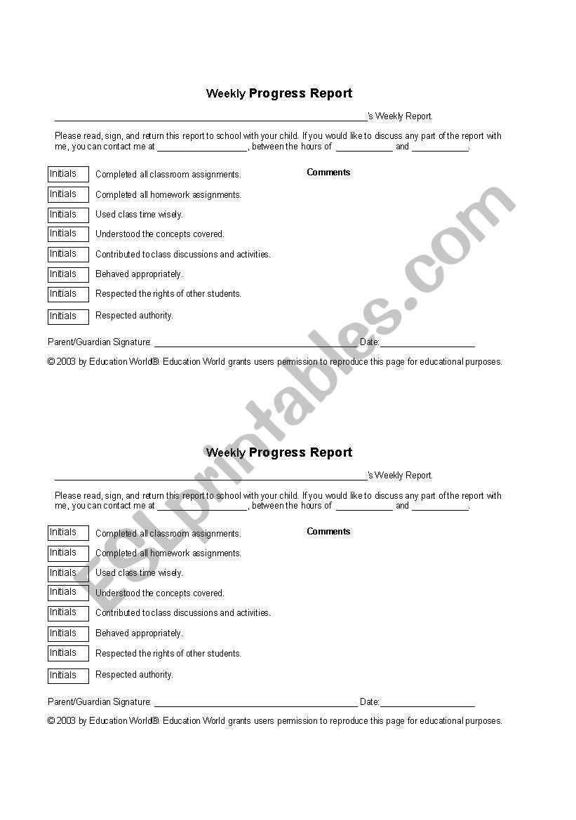 weekly progress report worksheet