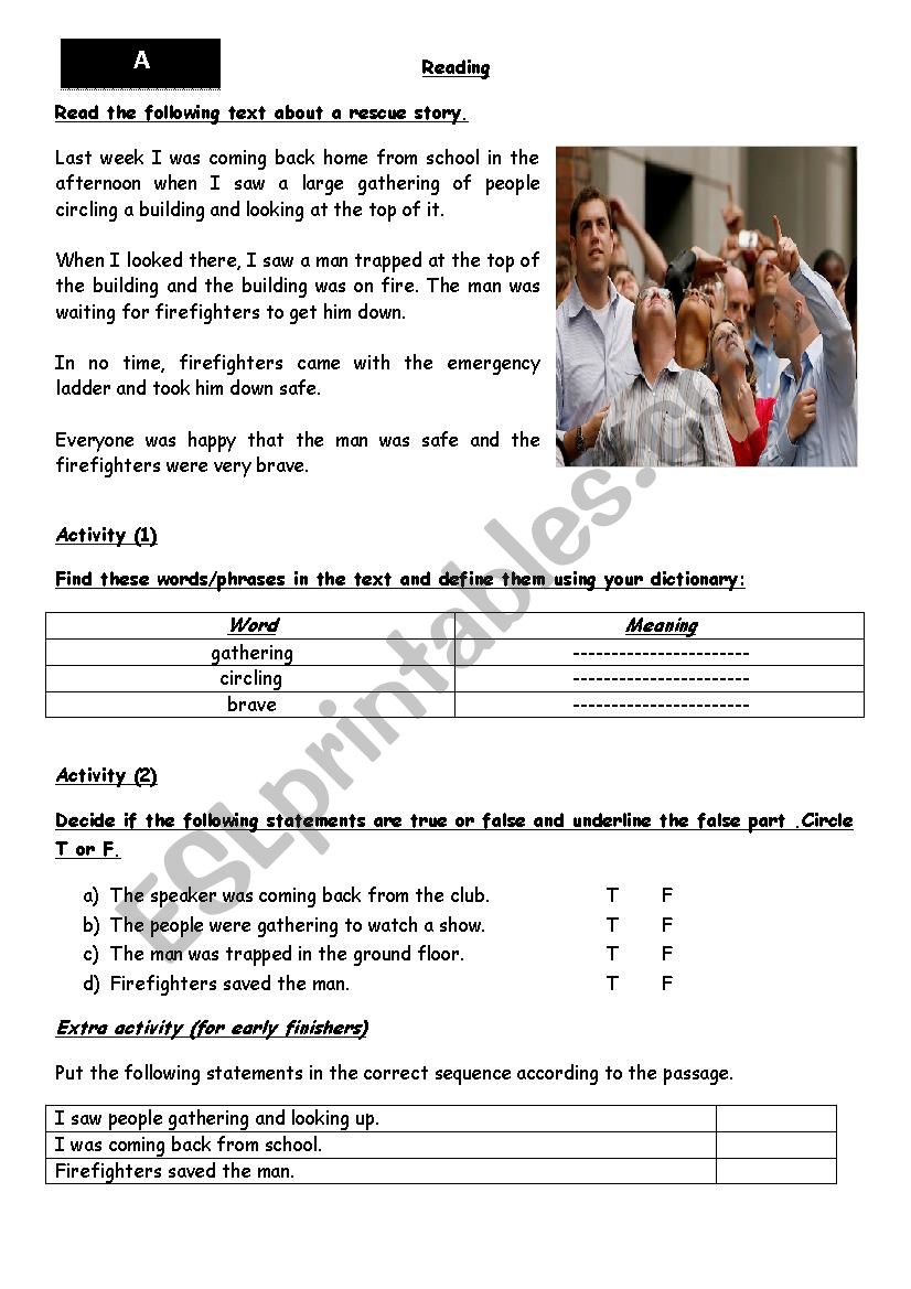 Rescue Story reading level A worksheet