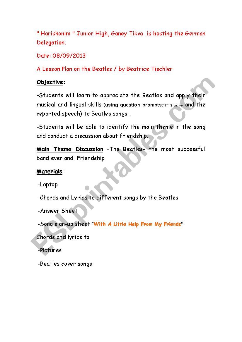 A lesson Plan on The Beatles worksheet