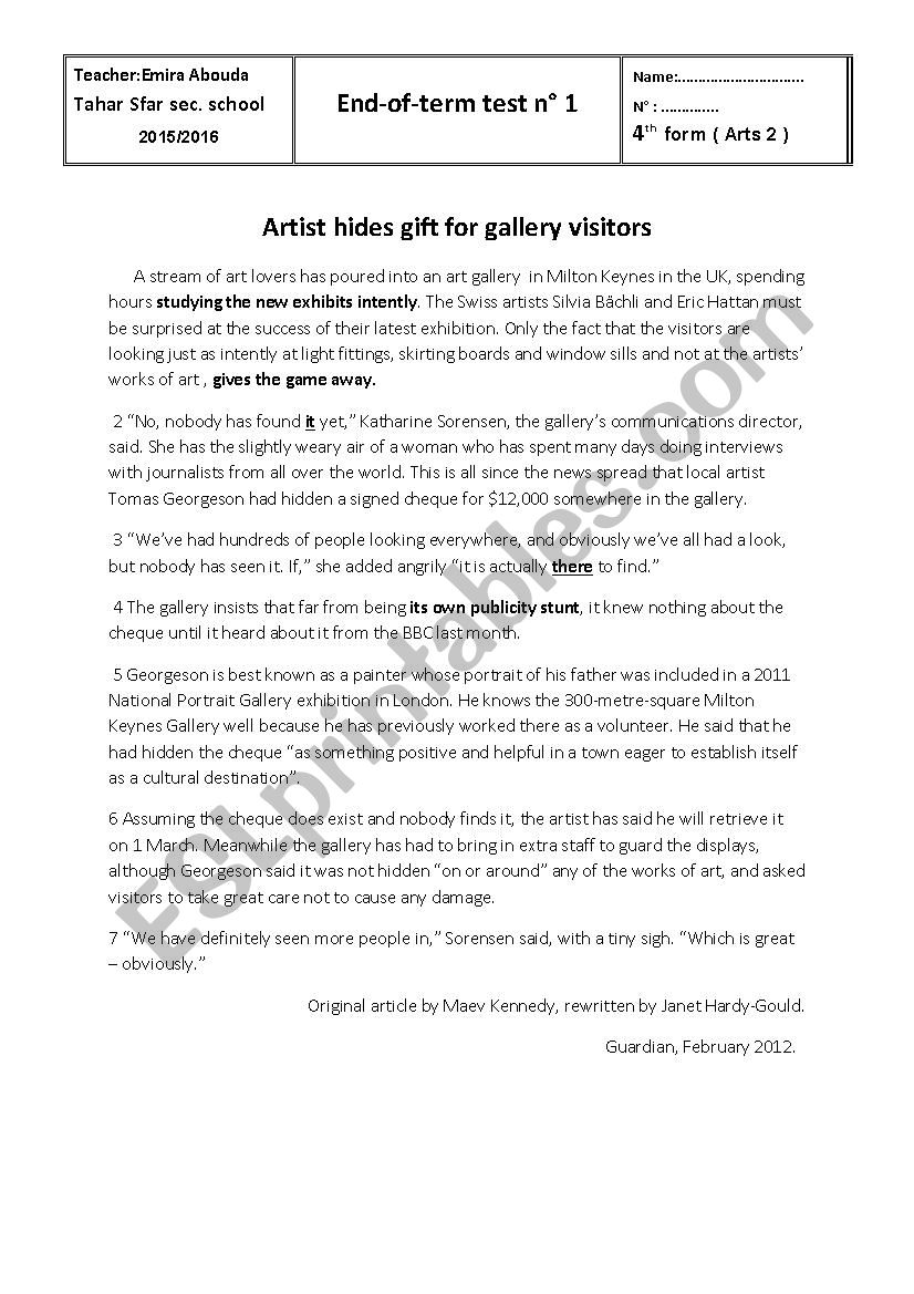 Artist hides gift for gallery visitors   end-of-term test 1 4th form