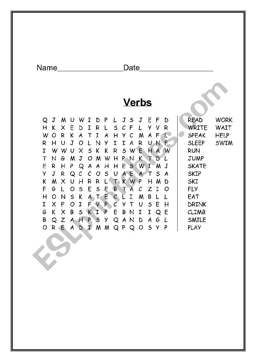 Verbs wordsearch worksheet