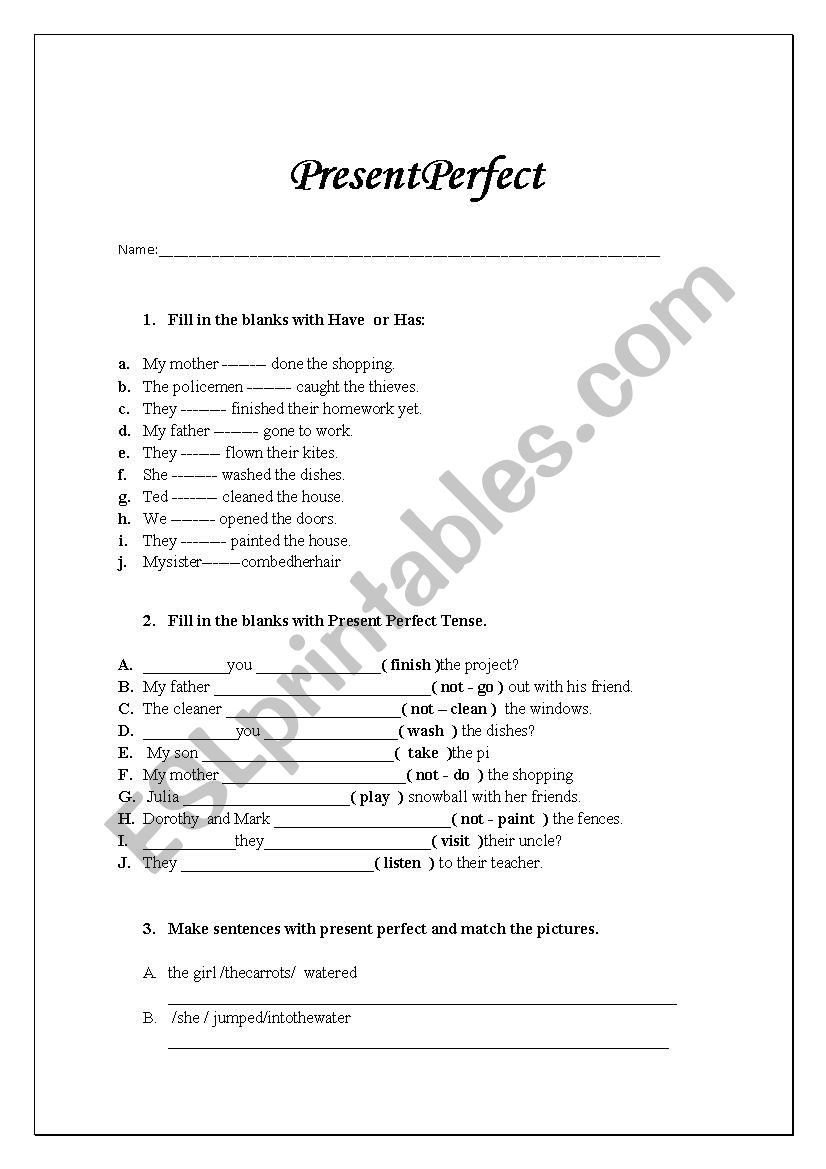 Exercises: PRESENT PERFECT worksheet