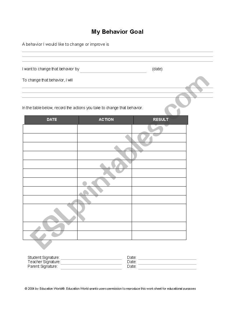 behaviour goal worksheet