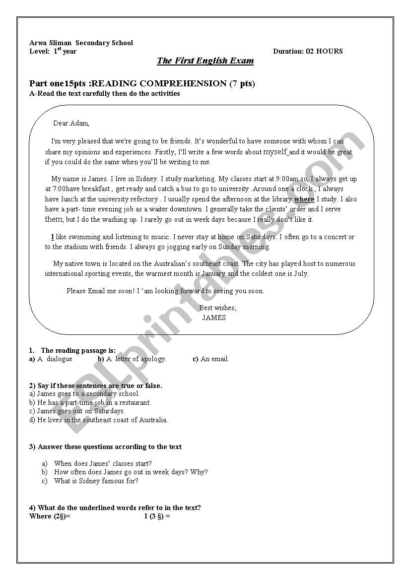 exam first year unit one  worksheet
