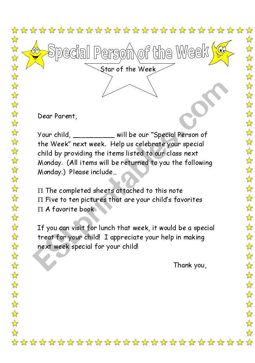 star of the week worksheet