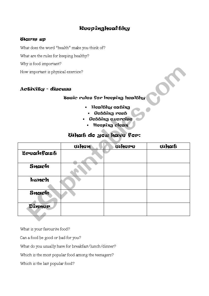 keeping healty worksheet