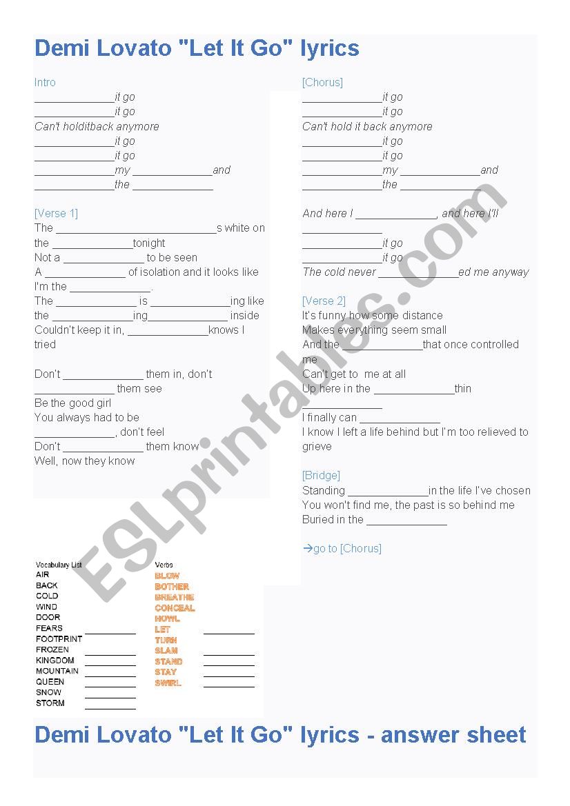 Let it go by Demi Lovato worksheet