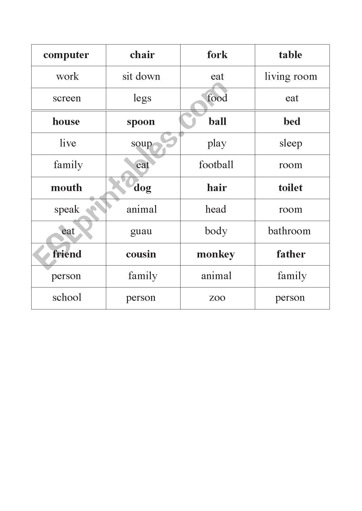 Easy Taboo Cards worksheet