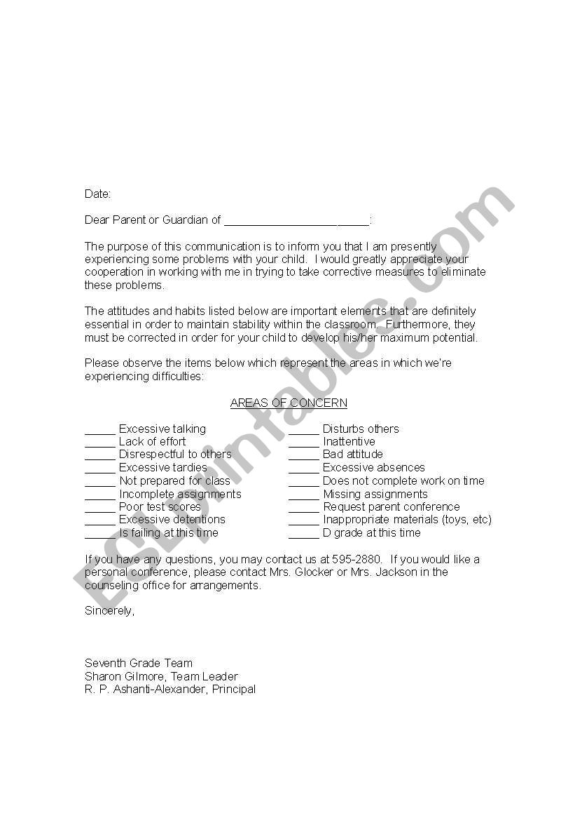 parent letter concern worksheet