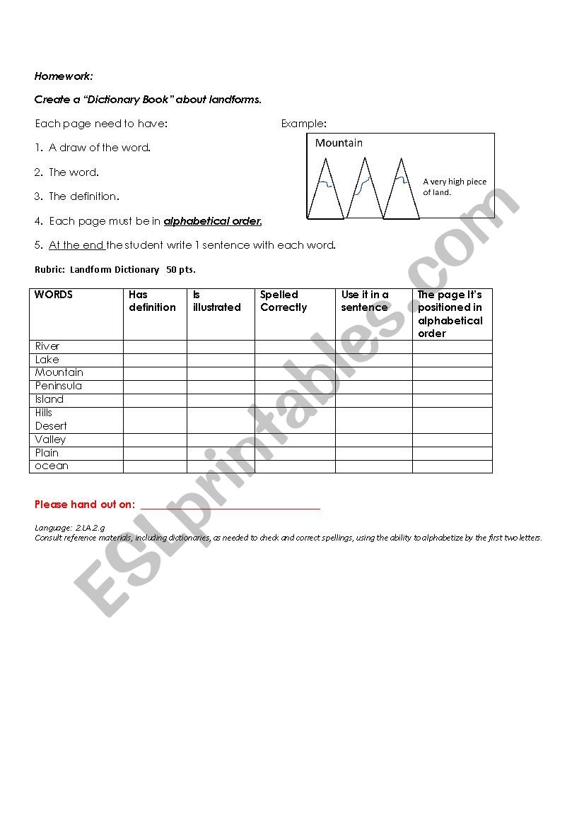 Landforms Dictionary worksheet