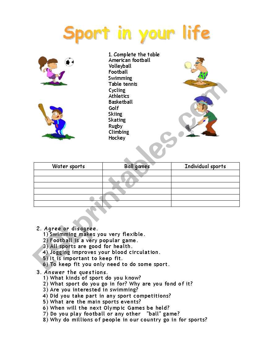 Sport in your life worksheet