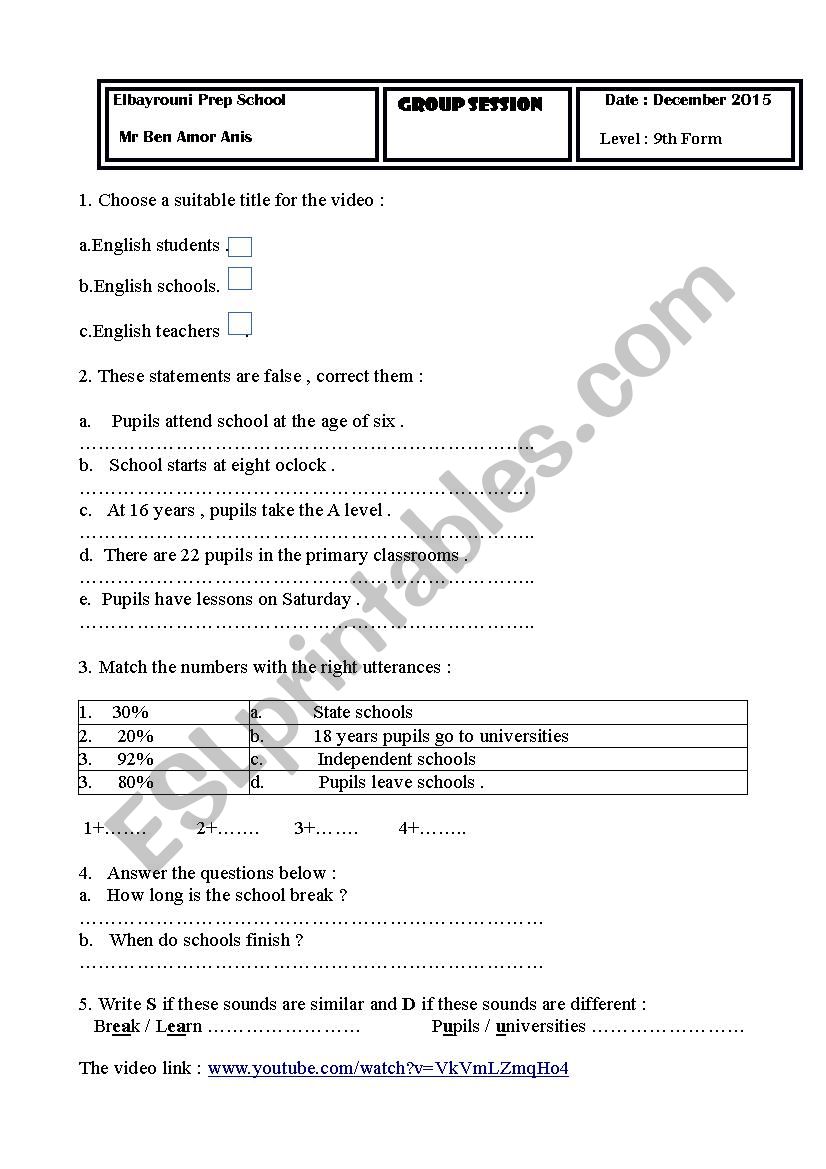 English schools worksheet