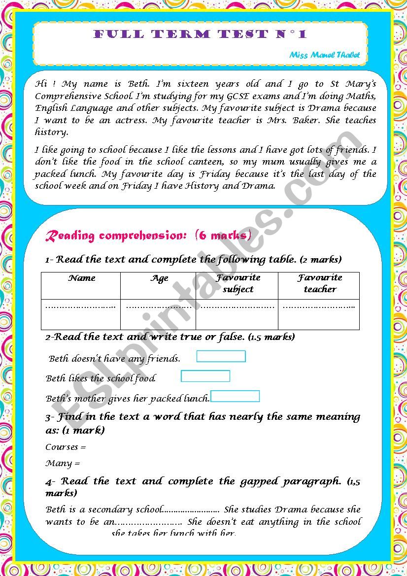 full term test 1 8th form (reading comprehesion, language, writing)