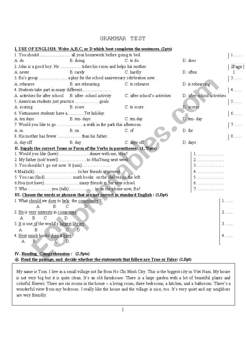 SIMPLE PRESENT TENSE - GRAMMAR TEST